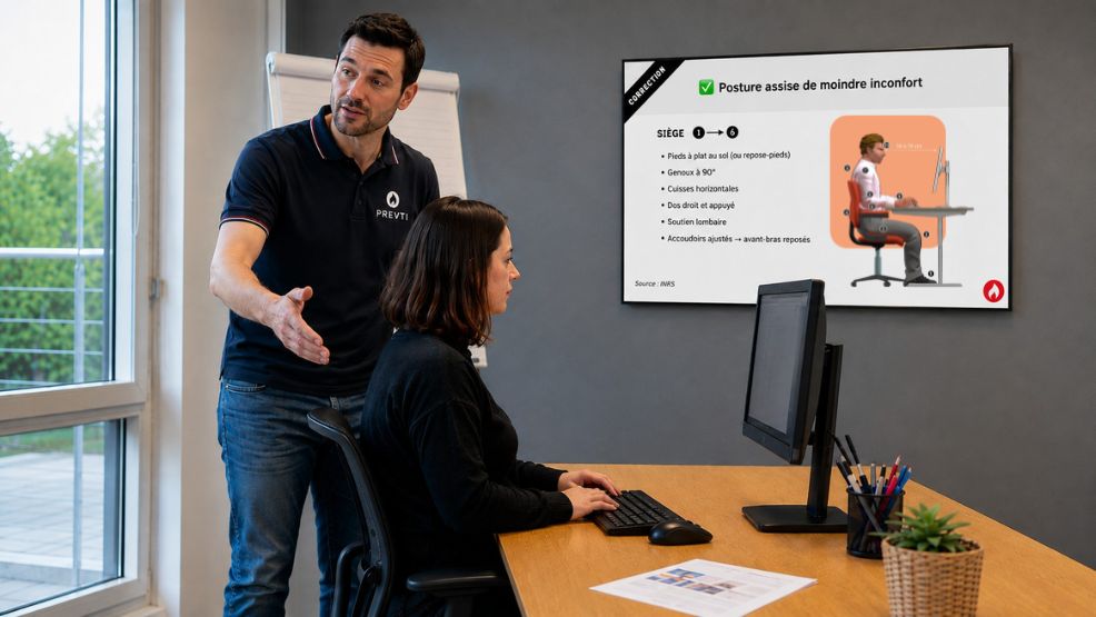 Animateur PREVTI sensibilisant une salariée aux bonnes postures de travail sur écran.